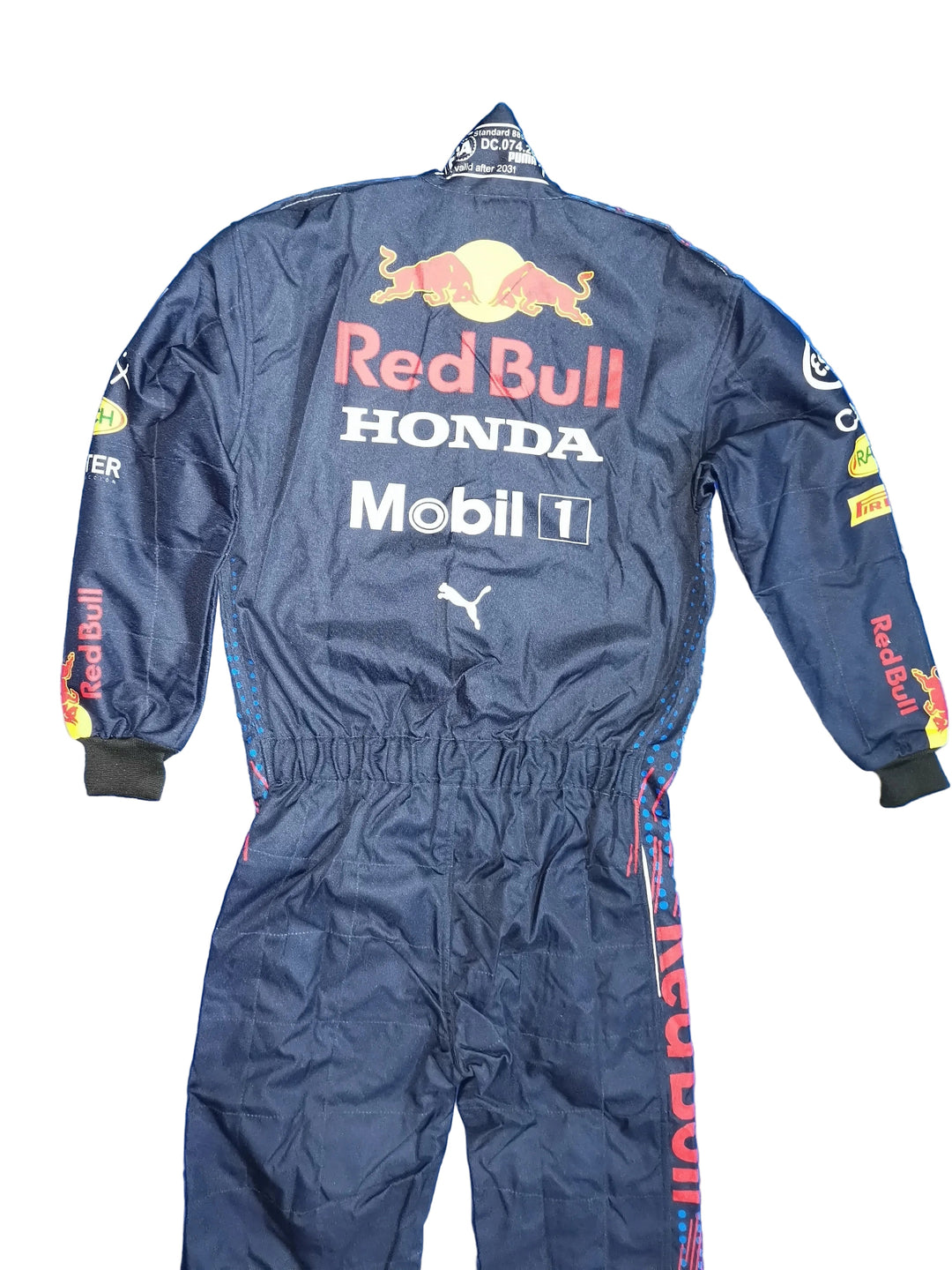 Race suit with Red Bull and Honda branding on a blue textured background