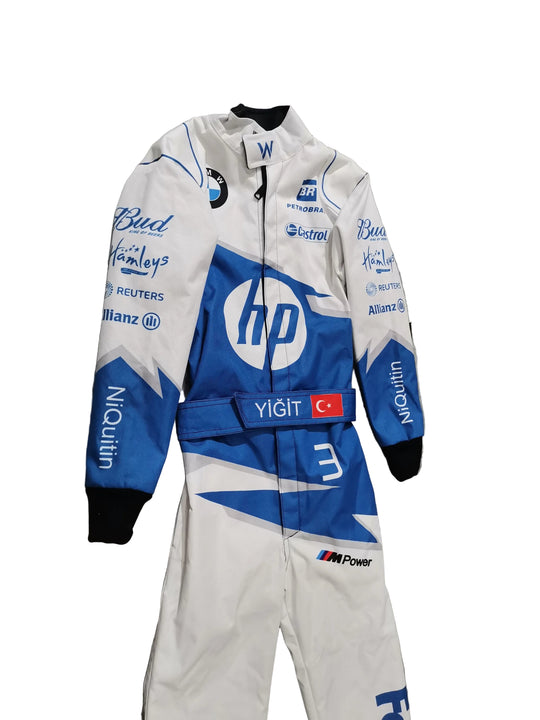 A white and blue racing suit with various sponsor logos including HP, BMW, and Budweiser, displayed on a hanger against a gray marble-patterned wall.