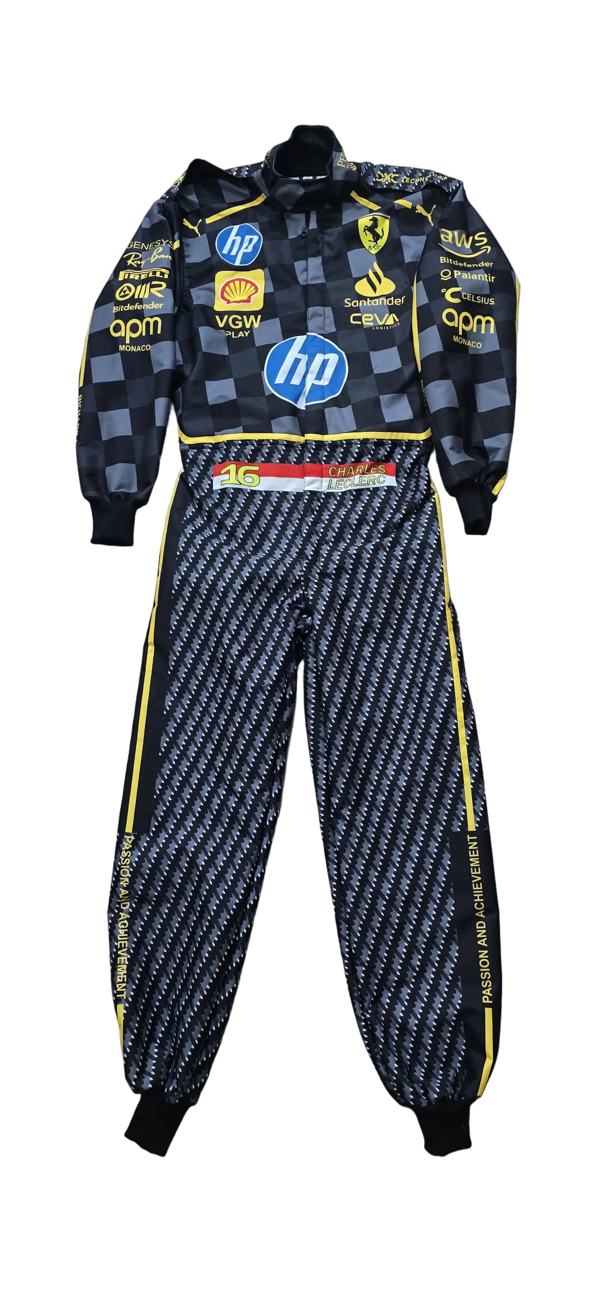 A full-length racing suit laid flat on a beige tiled floor. The suit features a black and gray checkered pattern on the upper body with yellow and white sponsor logos including HP, Ford, and Castore, and a black-and-white geometric pattern on the pants with yellow side stripes.