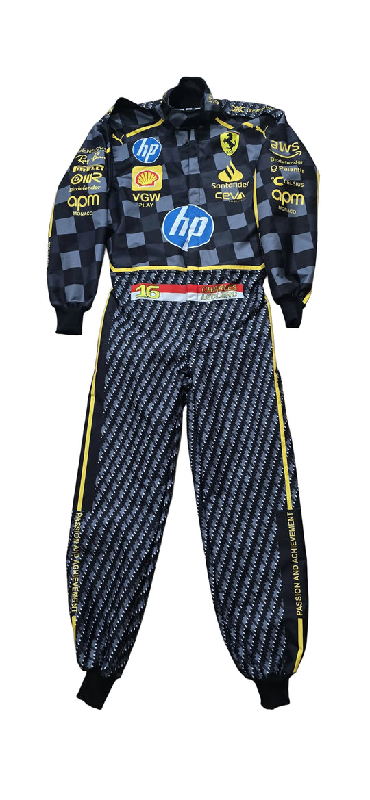 A full-length racing suit laid flat on a beige tiled floor. The suit features a black and gray checkered pattern on the upper body with yellow and white sponsor logos including HP, Ford, and Castore, and a black-and-white geometric pattern on the pants with yellow side stripes.