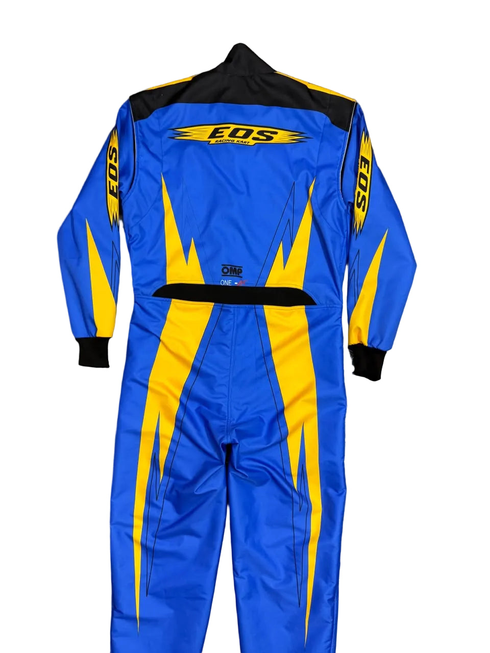 A blue and yellow full-body racing suit laid flat on a gray tiled floor, with black shoulder and cuff accents and a large EOS logo across the upper back.