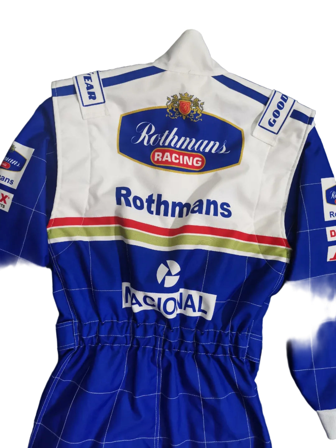 A blue and white Rothmans Racing cycling jersey laid flat on a blue textured background, showing the back side with sponsor logos including Rothmans, Magellan, and Good.