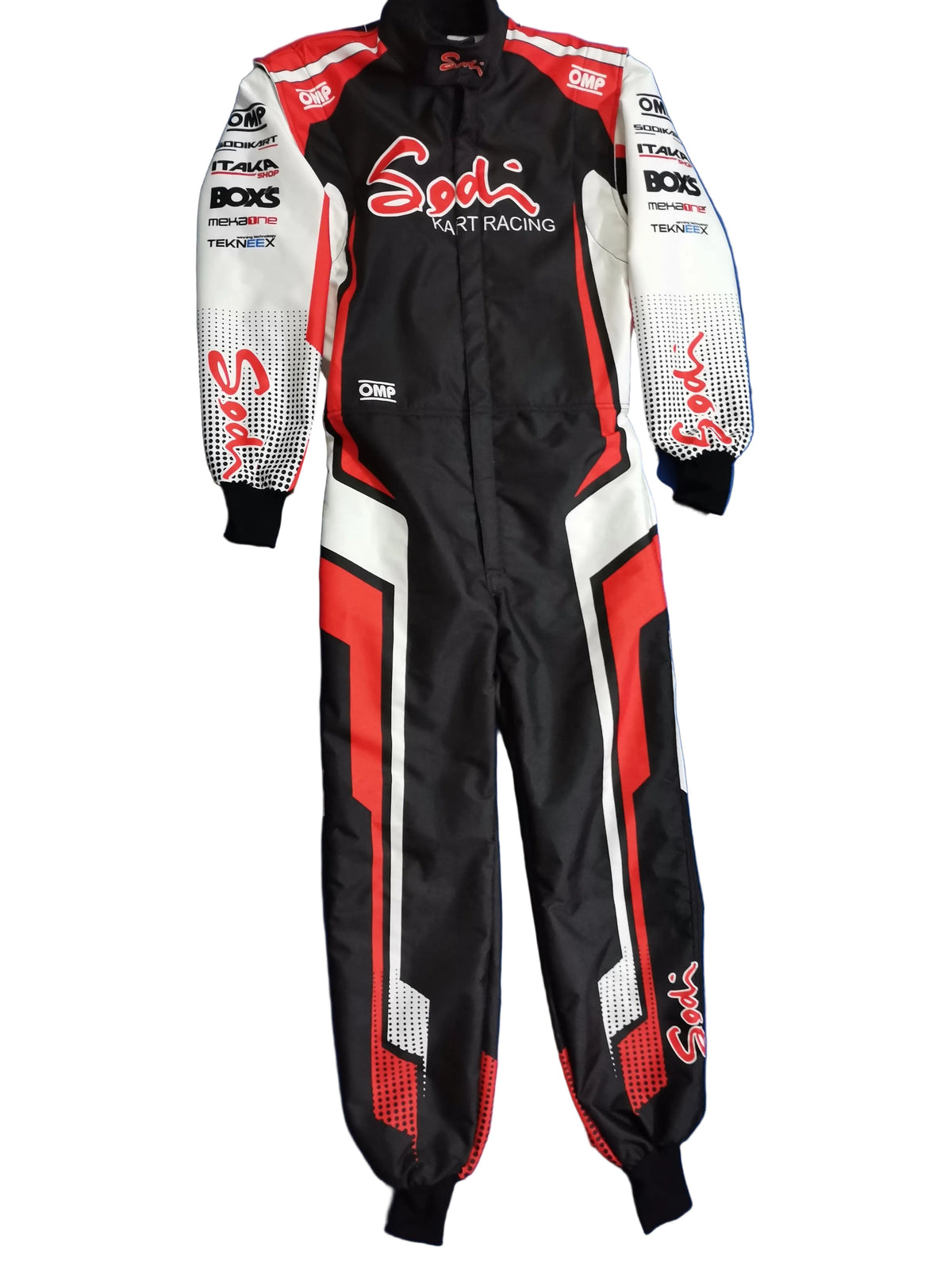 A full-length black, white, and red racing suit laid flat on a blue fabric background. The suit features 'Soak' and 'Start Racing' branding with various sponsor logos including BOXS and TRAKTORX.