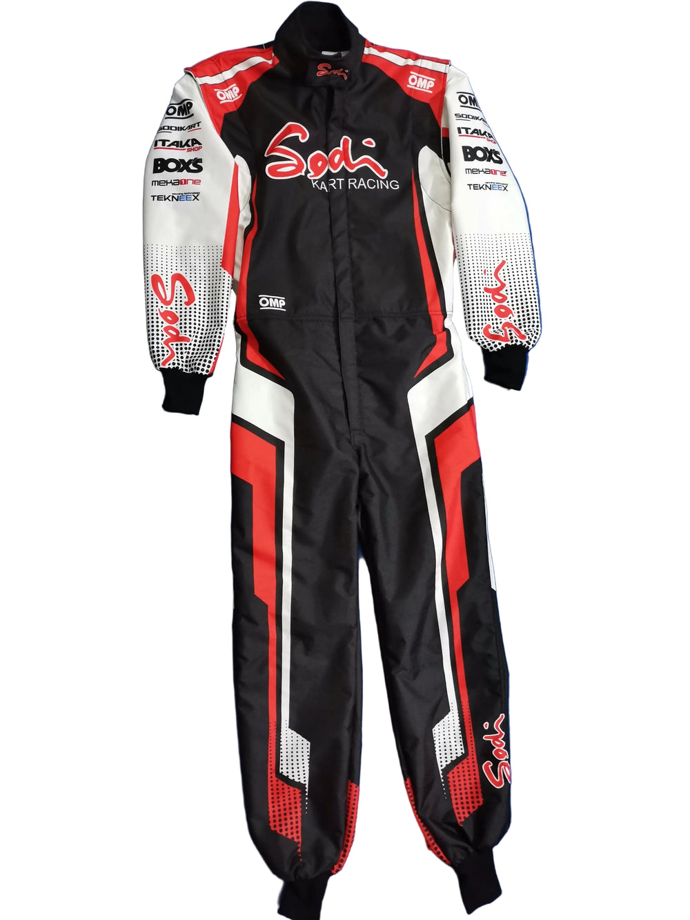 A full-body black, white, and red racing suit laid flat on a blue fabric background. The suit features the 'Soda Fast Racing' logo on the chest and sleeves, with sponsor logos including BOXS and TYREKE.