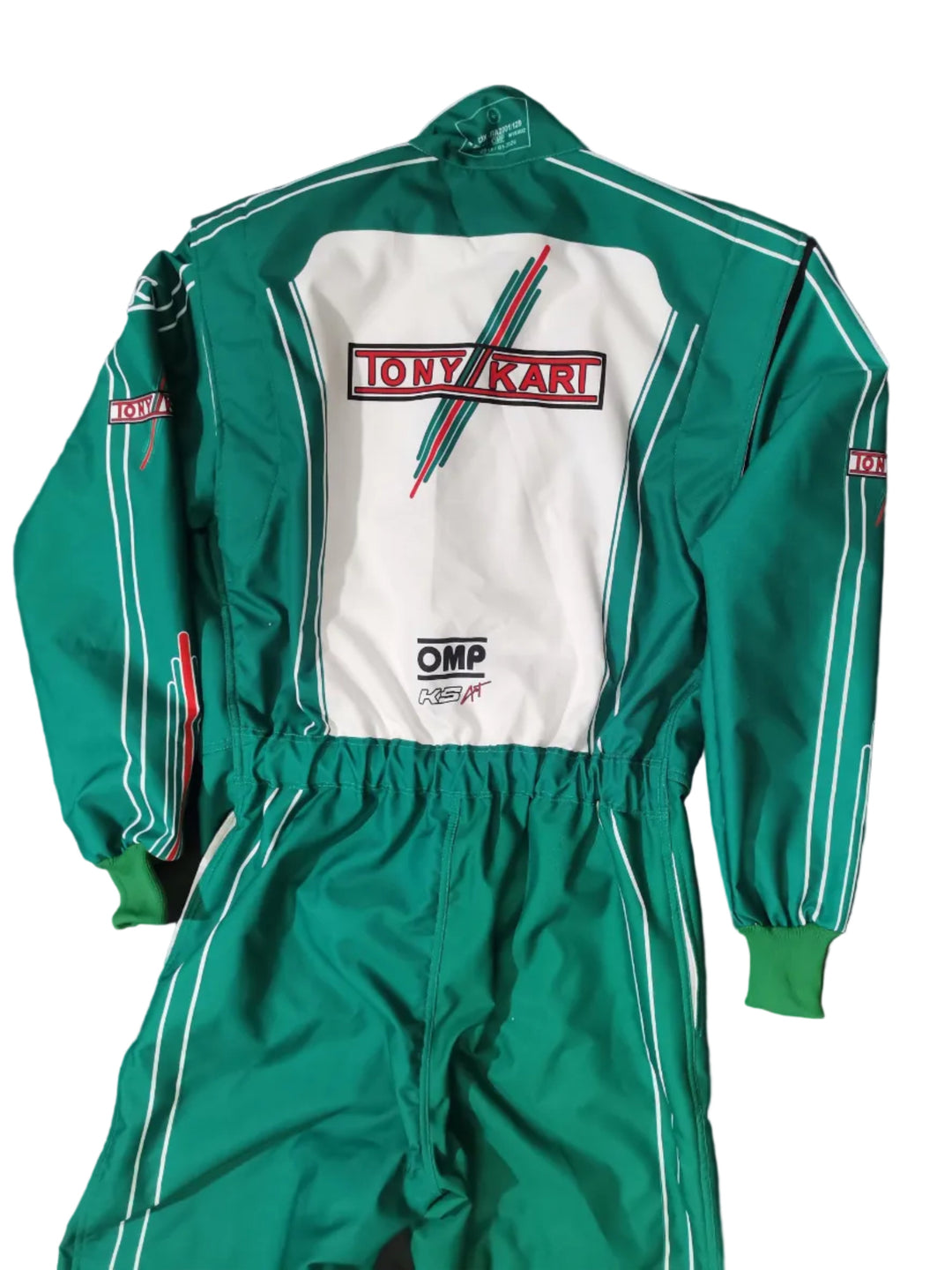 A green and white racing suit laid flat on a black background, featuring the 'LOWRAIL' logo on the chest and 'OMP' branding on the waist, with green cuffs and white piping details.