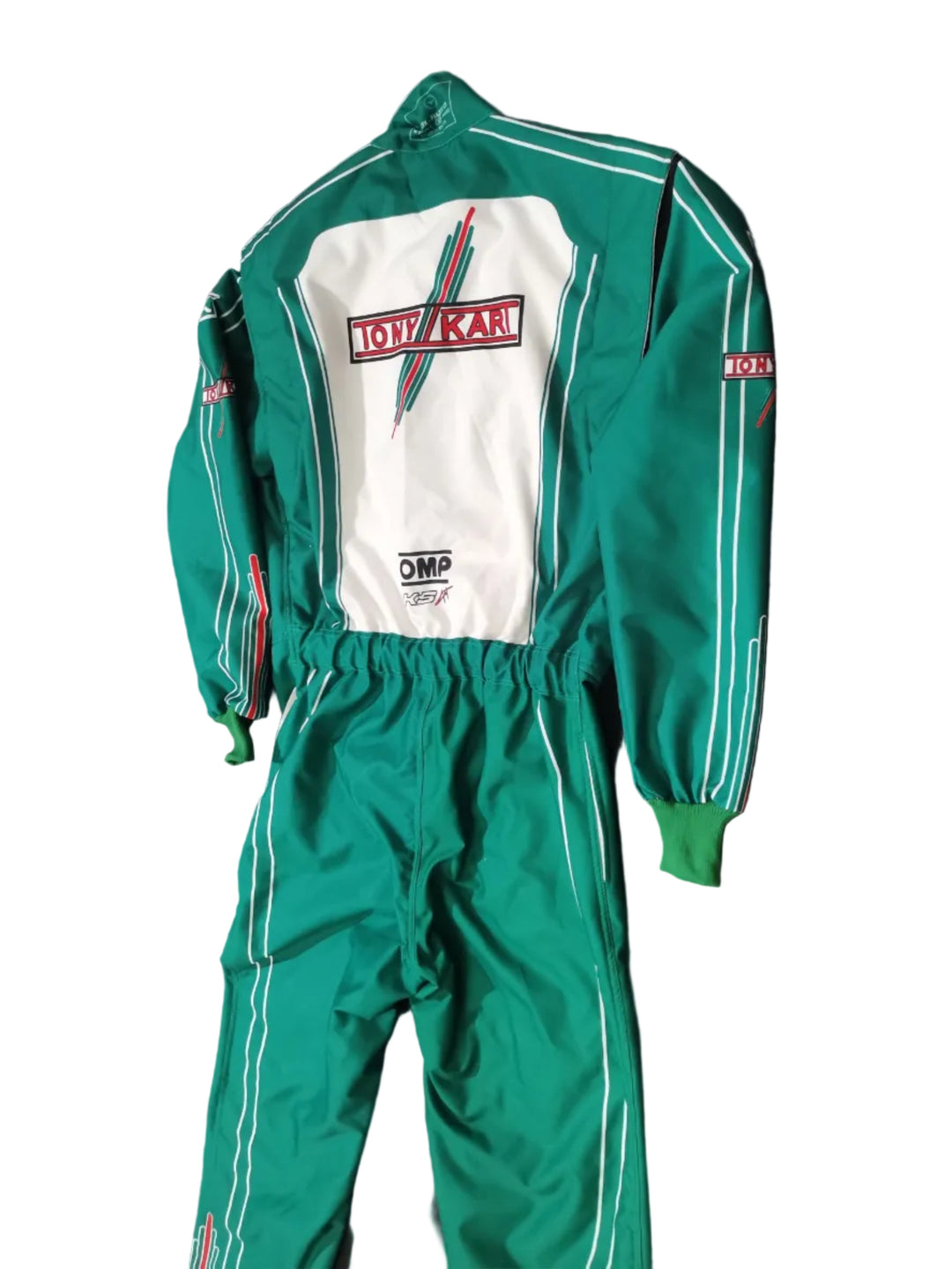 A green and white racing suit laid flat on a black background, featuring a large white chest panel with a red and blue 'DOW/KAR' logo, a black 'SPEED' logo, and green cuffs.