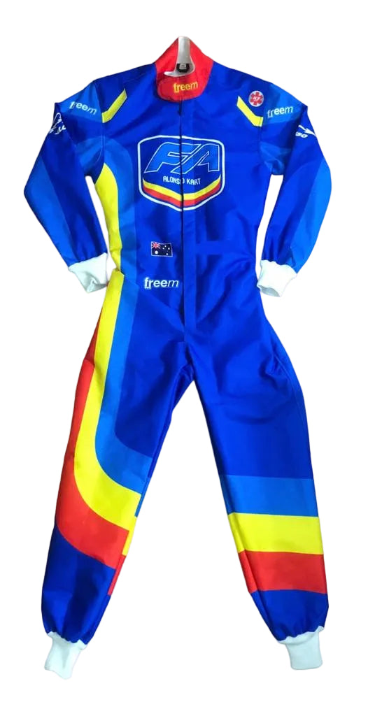 A blue racing suit with bold yellow and red diagonal stripes and sponsor logos, including FIA and Freem, displayed against a plain white background.