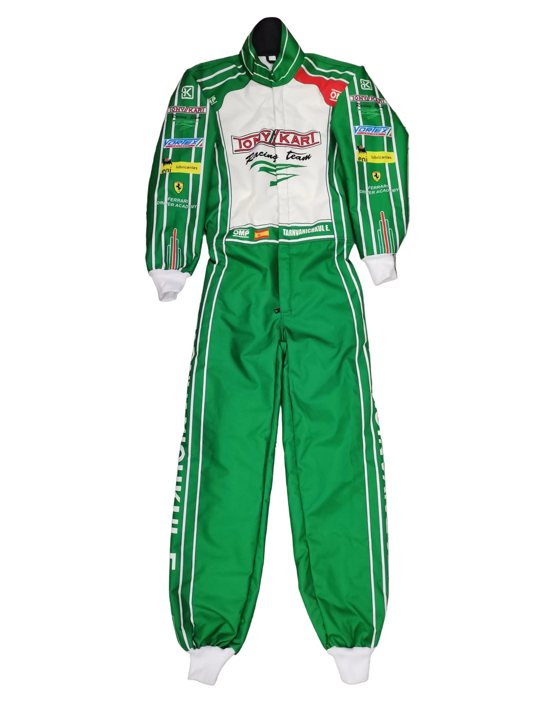 Green racing suit with white accents on a white background